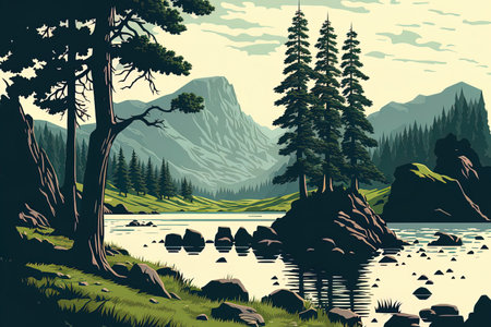 River in a landscape from the summer A coniferous woodland and a bank of stone treesの素材