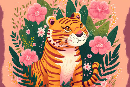 Pink backdrop with a sweet cartoon tiger and flowersの素材