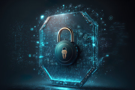 virtual screen with a lock and icons for data protectionの素材