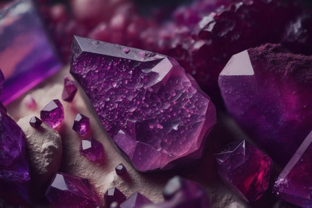 Ruby purple rough amethyst quartz crystals from the macro mineral crystal stoneの素材