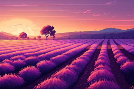 Lavender flower blooming fields in endless rows. Sunset shotの素材
