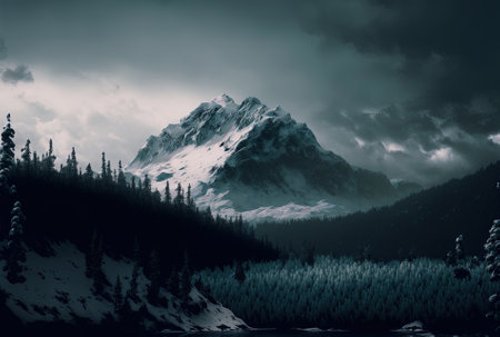Mountains in a forested and snowy setting with an overcast skyの素材