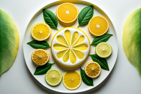 Lemons in green and yellow on a white plateの素材