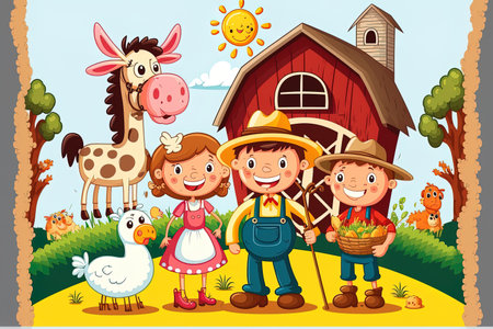 Happy farmer and children in a cartoon artwork with farm animalsの素材