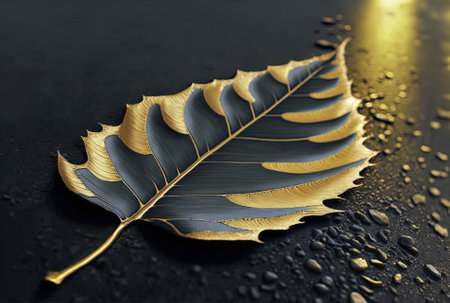 a golden leaf on asphalt in close upの素材