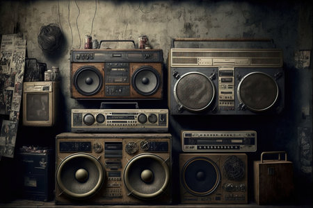 vintage radio boomboxes lining the wall from the 1980sの素材