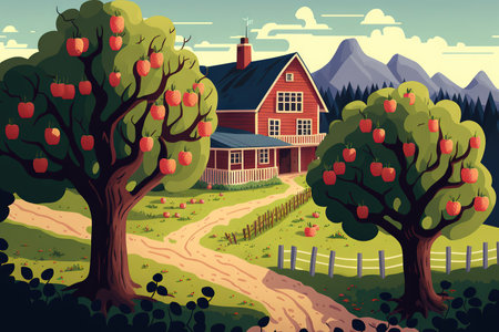 view of a farm with plenty of apple treesの素材