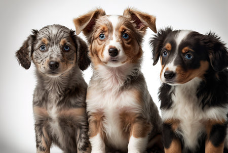 three adorable dogs are shown On a white backdropの素材