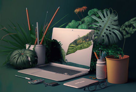 a laptop among some plants and office suppliesの素材