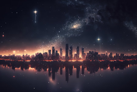Nighttime city cityscape with a starry skyの素材