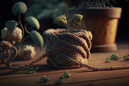 a close up of a rope around a wooden plantの素材
