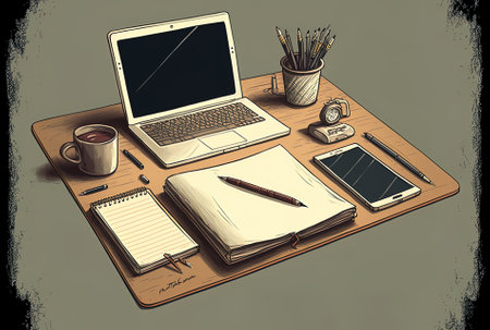 The laptop, pencils, phone, and blank note are all on the tableの素材
