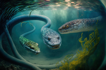 Garden eels, sea snakes, wild animals, and sea eels submerged in the waterの素材