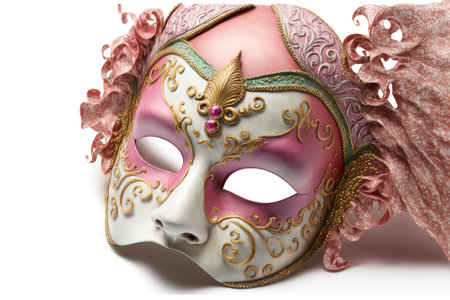 Front shot of a pink Venetian carnival mask isolated on whiteの素材