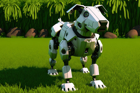 Robot dog stand on the green floorの素材