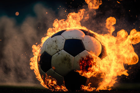 a close up of a powerfully booted, flaming soccer ball at a stadiumの素材