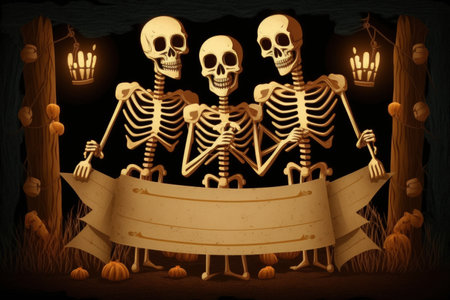 Skeletons With A Wooden Banner At A Halloween Party in the Darkの素材