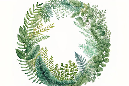 Hand drawn artwork of a wreath made of green watercolor fernsの素材