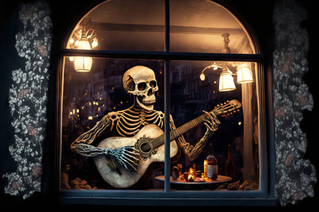 Guitarist skull seen at night performing at the windowの素材