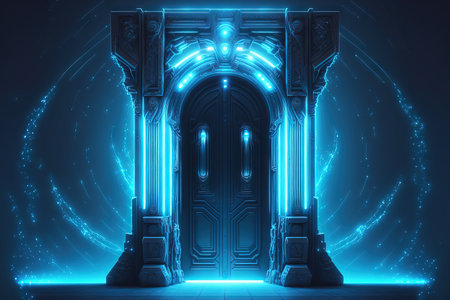 Sci fi futuristic background gateway in the color blue with sparkles and light flaresの素材