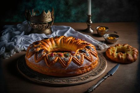 Spanish Three Kings Cake, Rosca de Reyes, served on a dark wood table on Epiphanyの素材