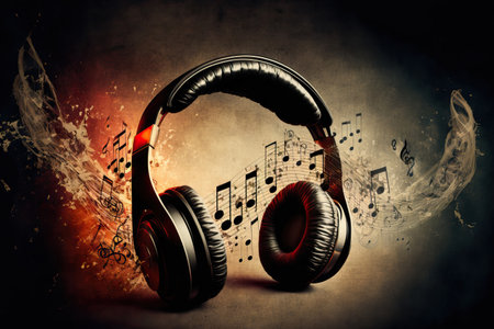 Headphones and musical notes in a music concept. Use copy spaceの素材