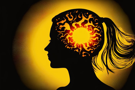 Psychology idea with sunlight and a female head silhouetteの素材