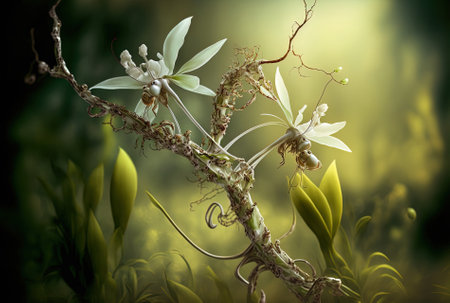Mantis orchids on a branch against a background of natureの素材