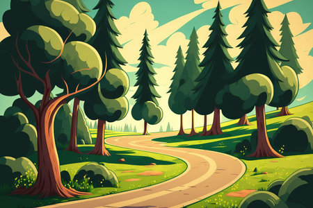 Sunny day, winding road in the midst of the forestの素材