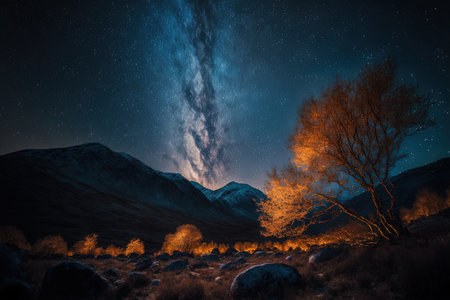 autumnal night in the highlands with a starry sky, golden leaves, and fogの素材