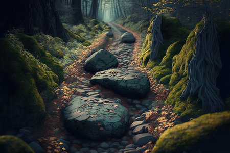 a route made of stones through a thick forestの素材