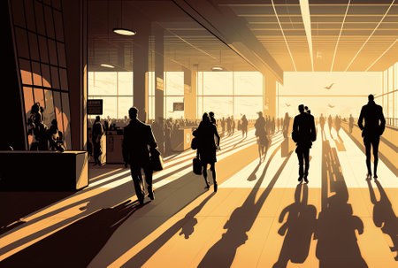 a terminal at an airport with shadows of people moving and sunraysの素材