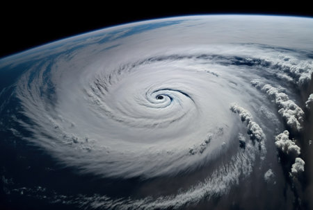 investigating a cyclone on Earth from the international space stationの素材
