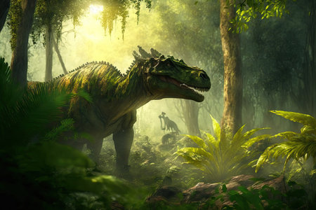 dinosaurs and foliage in a forestの素材