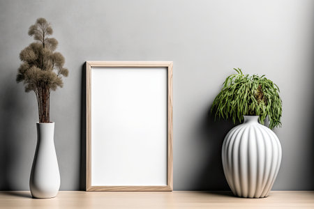 mockup of a gray wall and a vertical wooden frame on the groundの素材