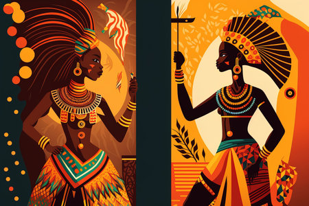 Illustration of modern art posters with African tribal danceの素材
