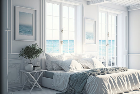 Interior of a white, comfortable, seaside bedroomの素材