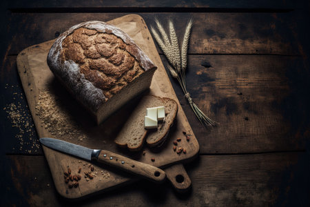 On a wooden table, rustic bread. a background of dark wood with blank text spaceの素材