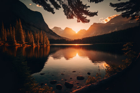 Sunset over a lake in the mountainsの素材