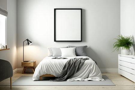 Mock up frame, wall in bedroom interior, Scandinavian style,の素材