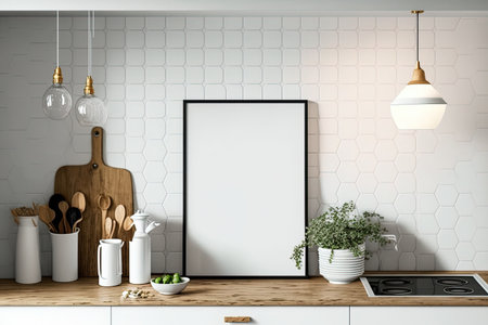 mock up poster frame in a Scandinavian style kitchen. ,の素材