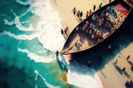 View from above of people standing close to a boat on the shore at Varkala Beachの素材