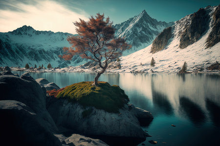 lone tree on atop a rock beside the waterの素材