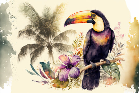 stylised images of a toucan, hibiscus, monastera, and palm treeの素材
