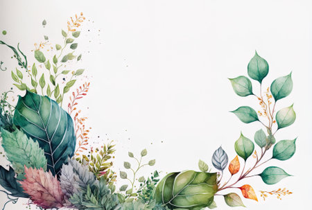 a white backdrop with a watercolor leaf borderの素材