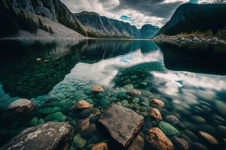 Vertical view of the stones in the clear lake behind the ominous cloudsの素材