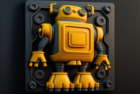 Yellow toy robot is positioned at the front and bottom of a black tileの素材