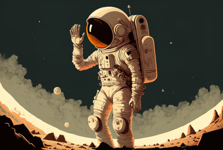 depiction of an astronaut on the moon with their hand on their helmetの素材