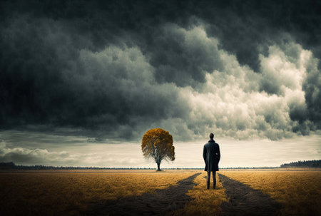 Sadness in a dramatic autumnal scene with a field and a skyの素材