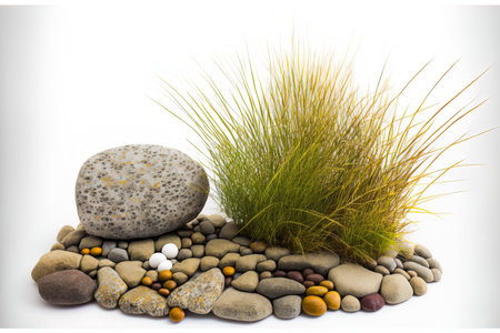 White background with grass and stonesの素材